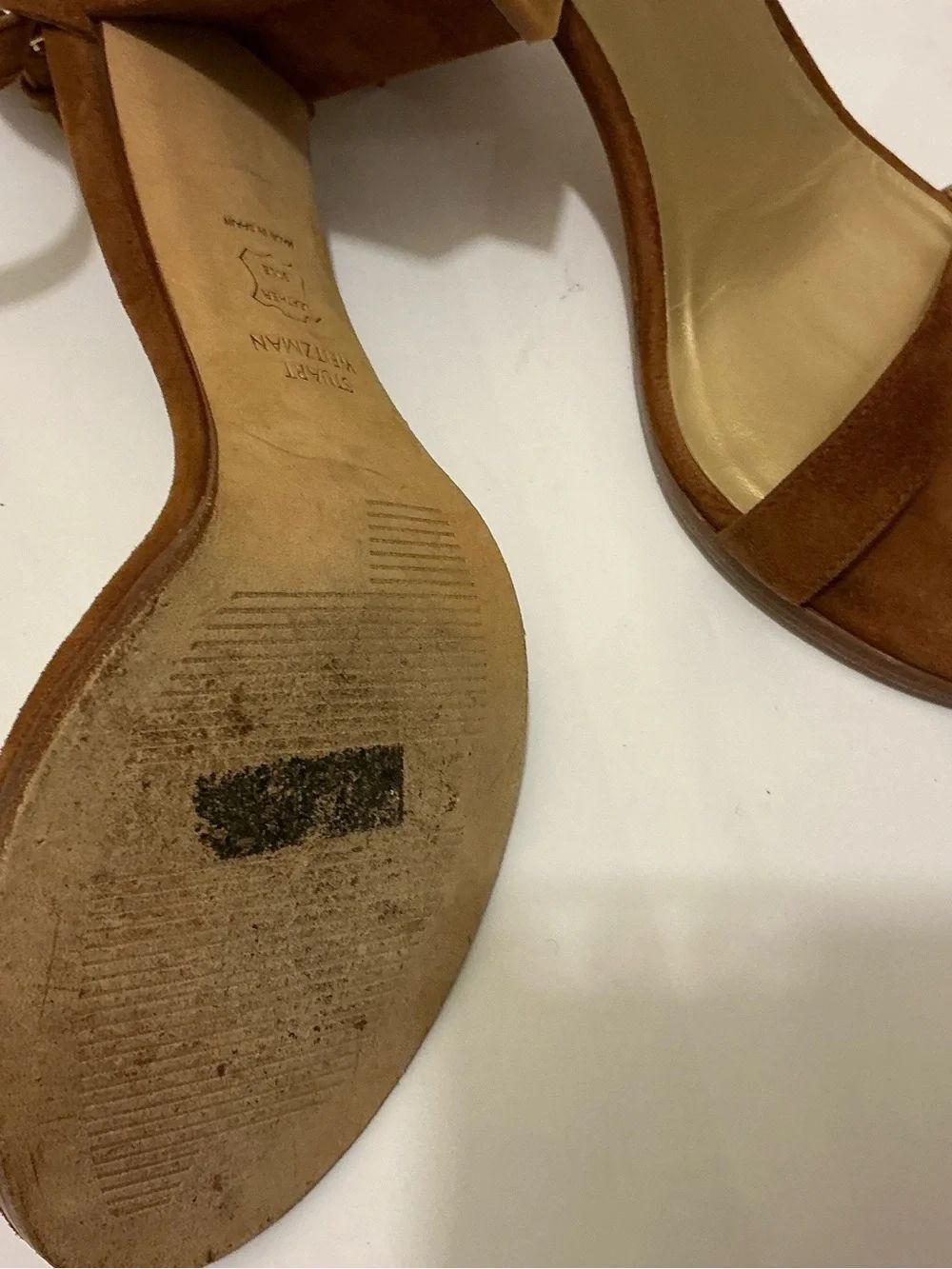 Stuart Weitzman Suede Ankle-Strap Block Heel - Cognac Brown - Picture 8 of 10